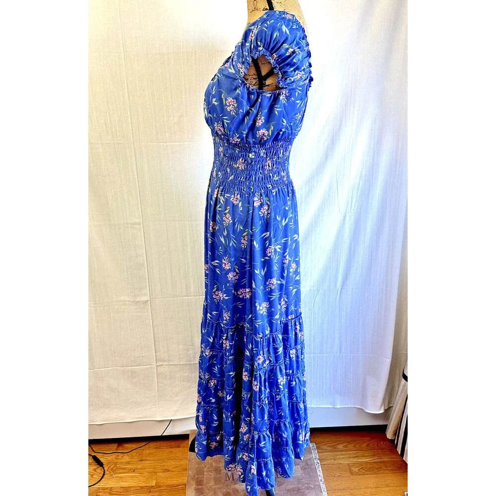 Iconique Women's Blue Floral Midi Polysilk Sun Dress SZ L Made in Italy